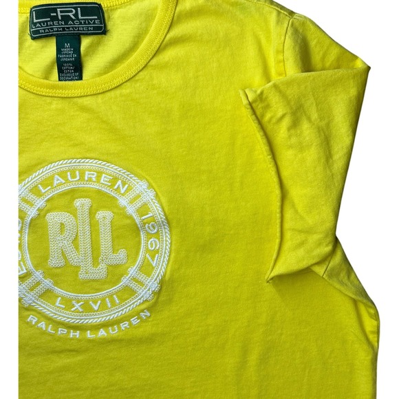 Lauren Ralph Lauren Active Yellow Embroidered Logo Tee M Sleeves Cut Off - Picture 6 of 8